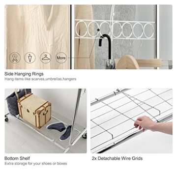 LANGRIA Heavy Duty Rolling Commercial Double Rail Clothing Garment Rack with Wheels Expandable Rods Collapsible Clothes Rack Max Load Capacity 287 lbs. for Bedroom Dressing Room Store (Chrome)