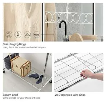 LANGRIA Heavy Duty Rolling Commercial Double Rail Clothing Garment Rack with Wheels Expandable Rods Collapsible Clothes Rack Max Load Capacity 287 lbs. for Bedroom Dressing Room Store (Chrome)