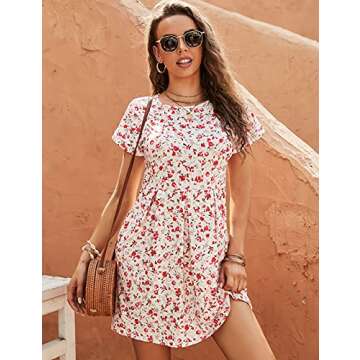 Naggoo Short Sleeve Dresses for Women Mini Casual Dress for Summer with Pockets White Floral Small