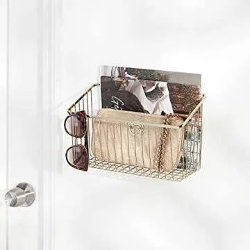 mDesign Small Metal Wire Wall Mounted Storage Organizer Basket Bin for Hanging in Kitchen, Garage, Entryway, Mudroom, Bedroom, Bathroom, Laundry Room - Unity Collection - 2 Pack - Soft Brass