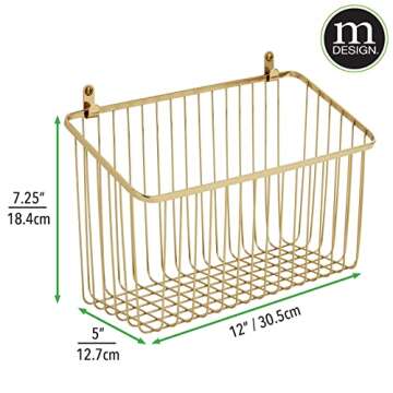 mDesign Small Metal Wire Wall Mounted Storage Organizer Basket Bin for Hanging in Kitchen, Garage, Entryway, Mudroom, Bedroom, Bathroom, Laundry Room - Unity Collection - 2 Pack - Soft Brass