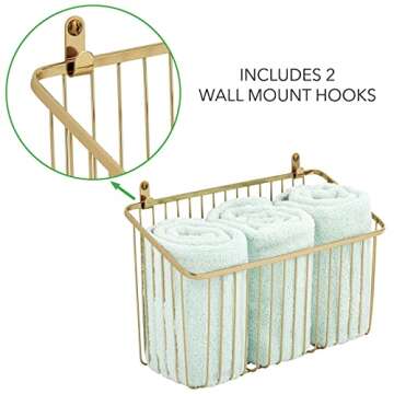 mDesign Small Metal Wire Wall Mounted Storage Organizer Basket Bin for Hanging in Kitchen, Garage, Entryway, Mudroom, Bedroom, Bathroom, Laundry Room - Unity Collection - 2 Pack - Soft Brass