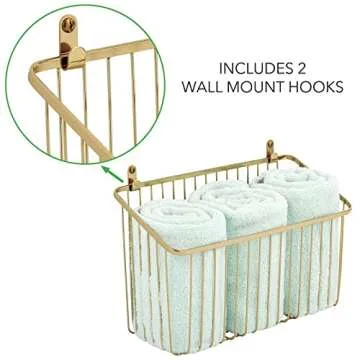 mDesign Small Metal Wire Wall Mounted Storage Organizer Basket Bin for Hanging in Kitchen, Garage, Entryway, Mudroom, Bedroom, Bathroom, Laundry Room - Unity Collection - 2 Pack - Soft Brass