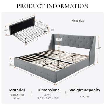 SHA CERLIN King Size Platform Bed Frame with 4 Storage Drawers and Wingback Headboard, Diamond Stitc...