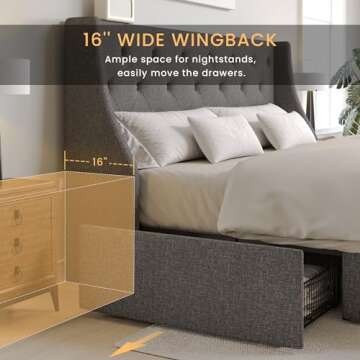 SHA CERLIN King Size Platform Bed Frame with 4 Storage Drawers and Wingback Headboard, Diamond Stitched Button Tufted Design, No Box Spring Needed, Light Grey