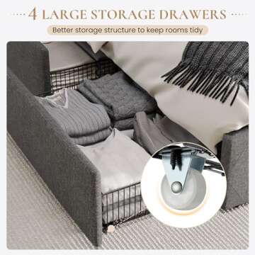 SHA CERLIN King Size Platform Bed Frame with 4 Storage Drawers and Wingback Headboard, Diamond Stitched Button Tufted Design, No Box Spring Needed, Light Grey