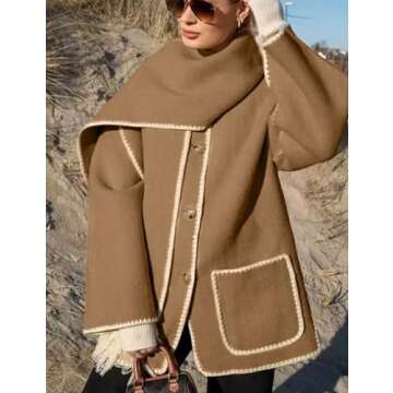 SeekMe Womens Embroidered Scarf Jacket Oversized Wool Blend Coat Button Down Winter Outerwear with Tassel Scarf(1818-Camel-M-FY)