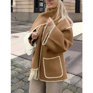 SeekMe Womens Embroidered Scarf Jacket Oversized Wool Blend Coat Button Down Winter Outerwear with Tassel Scarf(1818-Camel-M-FY)