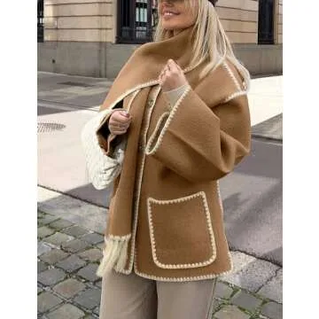 SeekMe Womens Embroidered Scarf Jacket Oversized Wool Blend Coat Button Down Winter Outerwear with Tassel Scarf(1818-Camel-M-FY)