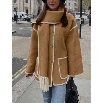 SeekMe Womens Embroidered Scarf Jacket Oversized Wool Blend Coat Button Down Winter Outerwear with Tassel Scarf(1818-Camel-M-FY)