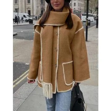 SeekMe Womens Embroidered Scarf Jacket Oversized Wool Blend Coat Button Down Winter Outerwear with Tassel Scarf(1818-Camel-M-FY)