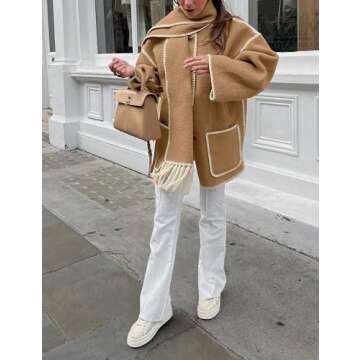 SeekMe Womens Embroidered Scarf Jacket Oversized Wool Blend Coat Button Down Winter Outerwear with Tassel Scarf(1818-Camel-M-FY)