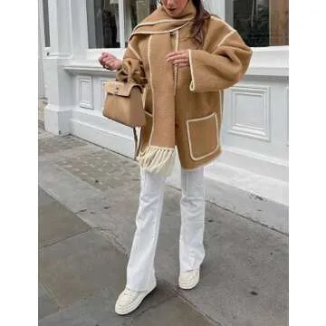 SeekMe Womens Embroidered Scarf Jacket Oversized Wool Blend Coat Button Down Winter Outerwear with Tassel Scarf(1818-Camel-M-FY)
