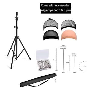 HYOUJIN Wig Head Stand Tripod Mannequin Head Stand Metal Adjustable Holder for Mannequin Head,Manikin Head,Training Head,Canvas Block Head with Wig Caps,T-Pins,Carry Bag