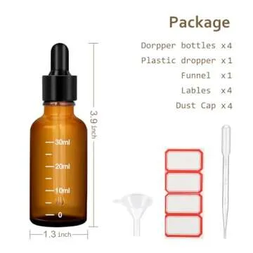Amber Glass Tincture Bottles with Dropper - 4 Pack 0.5oz