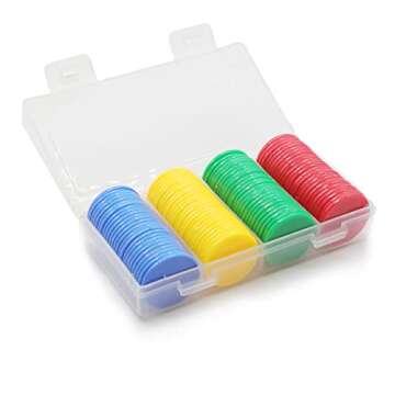HAKITAROOM Set of 100 Opaque Plastic Learning Counters Mini Poker Chips Game Tokens with Storage Box (Red+Yellow+RoyalBlue+Green, 1.58 Inch)