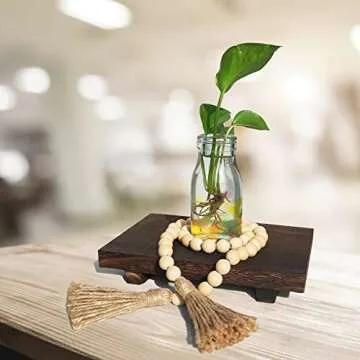 Wooden Soap Stand with String Beaded Decoration Wood Farmhouse Tray Plant Holder for Bottles Wood Riser Pedestal Stand Wood Tray for Kitchen Bathroom Sink Decorative (Vintage Black)