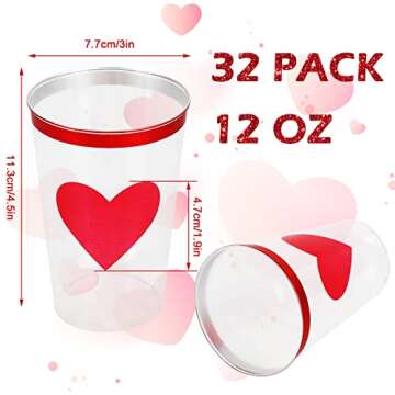 Whaline 32 Pack Valentine's Day Plastic Cups Red Heart Clear Plastic Cups 12 Oz Clear Plastic Cups w...