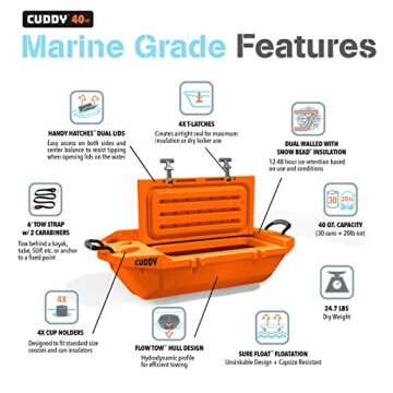 CUDDY Floating Cooler and Dry Storage Vessel for Land & Water – 40QT– Great for River, Beach, Kayak, Pool, & Lake - Orange