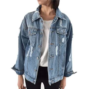 Saukiee Oversized Denim Jacket Distressed Boyfriend Jean Coat Jeans Trucker Jacket for Women Girls L...