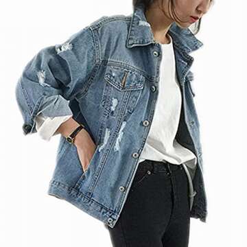 Saukiee Oversized Denim Jacket Distressed Boyfriend Jean Coat Jeans Trucker Jacket for Women Girls Lightblie S