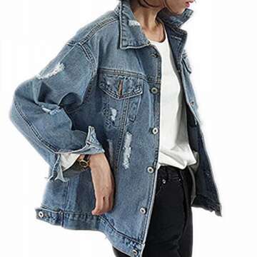 Saukiee Oversized Denim Jacket Distressed Boyfriend Jean Coat Jeans Trucker Jacket for Women Girls Lightblie S