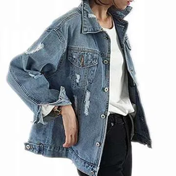 Saukiee Oversized Denim Jacket Distressed Boyfriend Jean Coat Jeans Trucker Jacket for Women Girls Lightblie S