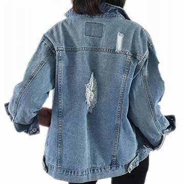 Saukiee Oversized Denim Jacket Distressed Boyfriend Jean Coat Jeans Trucker Jacket for Women Girls Lightblie S