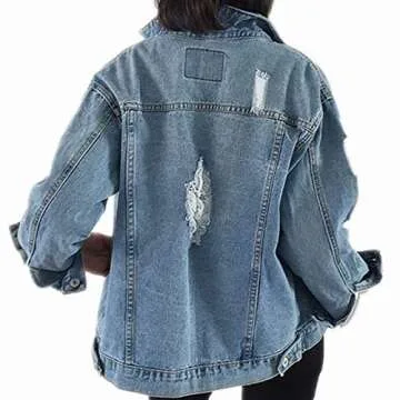 Saukiee Oversized Denim Jacket Distressed Boyfriend Jean Coat Jeans Trucker Jacket for Women Girls Lightblie S