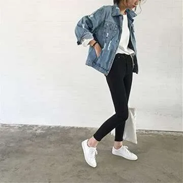 Saukiee Oversized Denim Jacket Distressed Boyfriend Jean Coat Jeans Trucker Jacket for Women Girls Lightblie S
