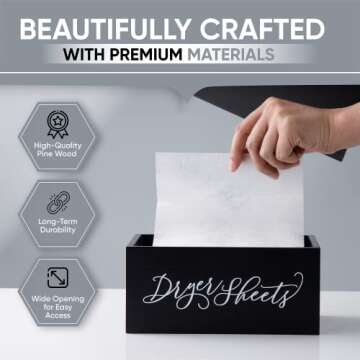 Dryer Sheet Container with Lid for Laundry Room Organization – Wooden Dryer Sheets Holder – Farmhouse Laundry Room Decor – Cute Modern Laundry Room Organization and Storage (Stylish Black)