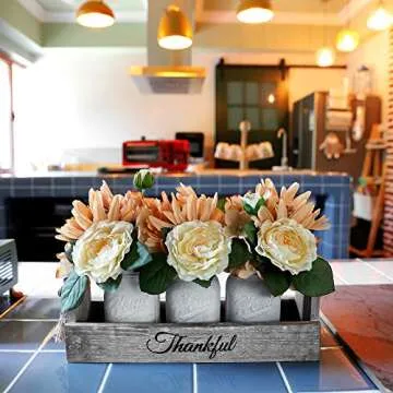 GBtroo Mason Jar Centerpiece – Handmade Table Decoration for Farmhouse Kitchen and Shabby Chic Rustic Wedding Decor – Antique White Glass Jars with Faux Flowers in Distressed Wood Box