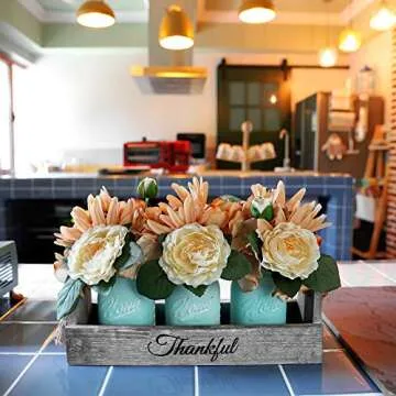 GBtroo Mason Jar Centerpiece – Handmade Table Decoration for Farmhouse Kitchen and Shabby Chic Rustic Wedding Decor – Antique White Glass Jars with Faux Flowers in Distressed Wood Box