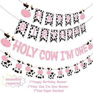 62 Packs Cow 1st Birthday Party Kit Holy Cow I'm One Banner Happy Birthday Banner One Cake Topper Co...