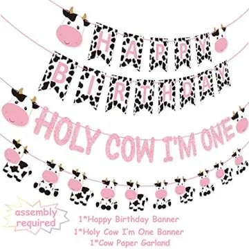 62 Packs Cow 1st Birthday Party Kit Holy Cow I'm One Banner Happy Birthday Banner One Cake Topper Co...
