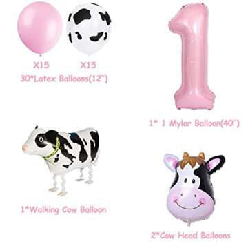 62 Packs Cow 1st Birthday Party Kit Holy Cow I'm One Banner Happy Birthday Banner One Cake Topper Cow Cupcake Toppers Cow Mylar Balloons for Farm Animals Cow First Birthday Party Decorations
