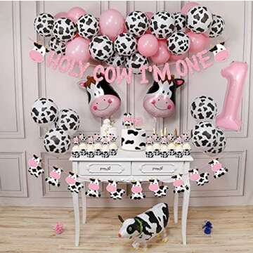 62 Packs Cow 1st Birthday Party Kit Holy Cow I'm One Banner Happy Birthday Banner One Cake Topper Cow Cupcake Toppers Cow Mylar Balloons for Farm Animals Cow First Birthday Party Decorations