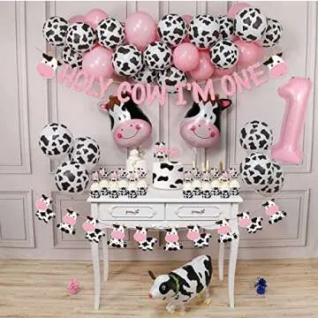 62 Packs Cow 1st Birthday Party Kit Holy Cow I'm One Banner Happy Birthday Banner One Cake Topper Cow Cupcake Toppers Cow Mylar Balloons for Farm Animals Cow First Birthday Party Decorations