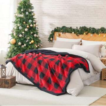Cozy Bliss Ultra Soft Reversible Double Sherpa Sided Blanket, Buffalo Plaid Throw Blanket Fluffy Thick Warm Plush Fuzzy Blanket for Couch, Bed and Gifts (Red/Black Buffalo Check, 50" x 60")