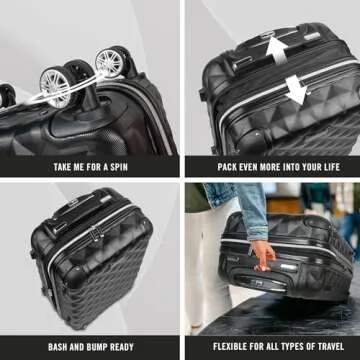 Kenneth Cole REACTION Diamond Tower Collection Lightweight Hardside Expandable 8-Wheel Spinner Travel Luggage, Black, 2-Piece Set (20" & 28")
