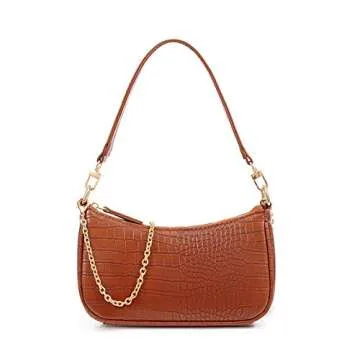 Brown Shoulder Bag Retro Crocodile Purse Classic Clutch Shoulder Tote HandBag with Zipper Closure for Women (Brown-Pearl Chain)
