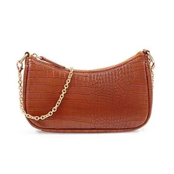 Brown Shoulder Bag Retro Crocodile Purse Classic Clutch Shoulder Tote HandBag with Zipper Closure for Women (Brown-Pearl Chain)