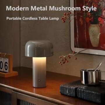 Glivpny Modern Mushroom Table Lamp for Portable Touch Dimming,Rechargeable LED Night Light with 3-Levels Brightness,Bedside Lamp for Indoor Outdoor Restaurant Bar Coffee Shop (Light Gray), HJ-JS001