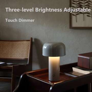 Glivpny Modern Mushroom Table Lamp for Portable Touch Dimming,Rechargeable LED Night Light with 3-Levels Brightness,Bedside Lamp for Indoor Outdoor Restaurant Bar Coffee Shop (Light Gray), HJ-JS001