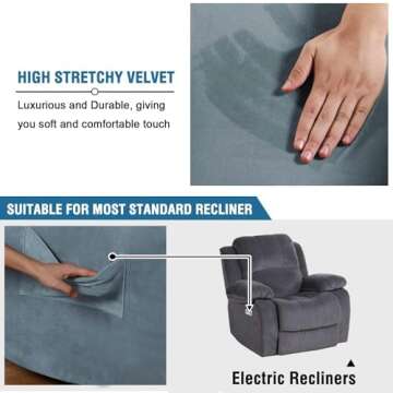 H.VERSAILTEX High Stretch Recliner Chair Covers Large Size Oversized Velvet Plush Chair Slip Covers with Arms 1-Piece Furniture Protector Couch Soft with Elastic Bottom Non Slip(Recliner, Stone Blue)
