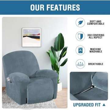H.VERSAILTEX High Stretch Recliner Chair Covers Large Size Oversized Velvet Plush Chair Slip Covers with Arms 1-Piece Furniture Protector Couch Soft with Elastic Bottom Non Slip(Recliner, Stone Blue)