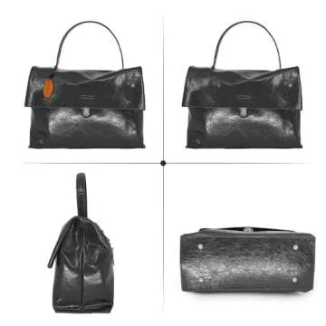 KENOFAR Women's Genuine Leather Medium Tote Bag, Vintage Top Handle Handbag, Spacious Shoulder Bag Black