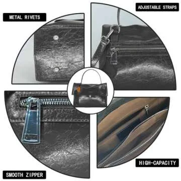 KENOFAR Women's Genuine Leather Medium Tote Bag, Vintage Top Handle Handbag, Spacious Shoulder Bag Black