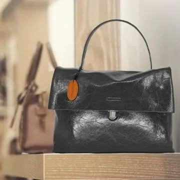 KENOFAR Women's Genuine Leather Medium Tote Bag, Vintage Top Handle Handbag, Spacious Shoulder Bag Black