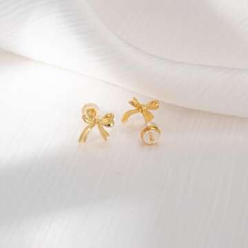Plenky Gold Earrings-14K Gold Plated Bow Earrings Bow Stud Earrings for Women Trendy Dainty Cute Ribbon Earrings Gold Bow Earrings for Women Gifts
